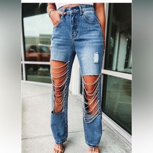 NEW Womens High Waisted Ripped Rhinestone Chain Distressed Baggy Denim Jeans